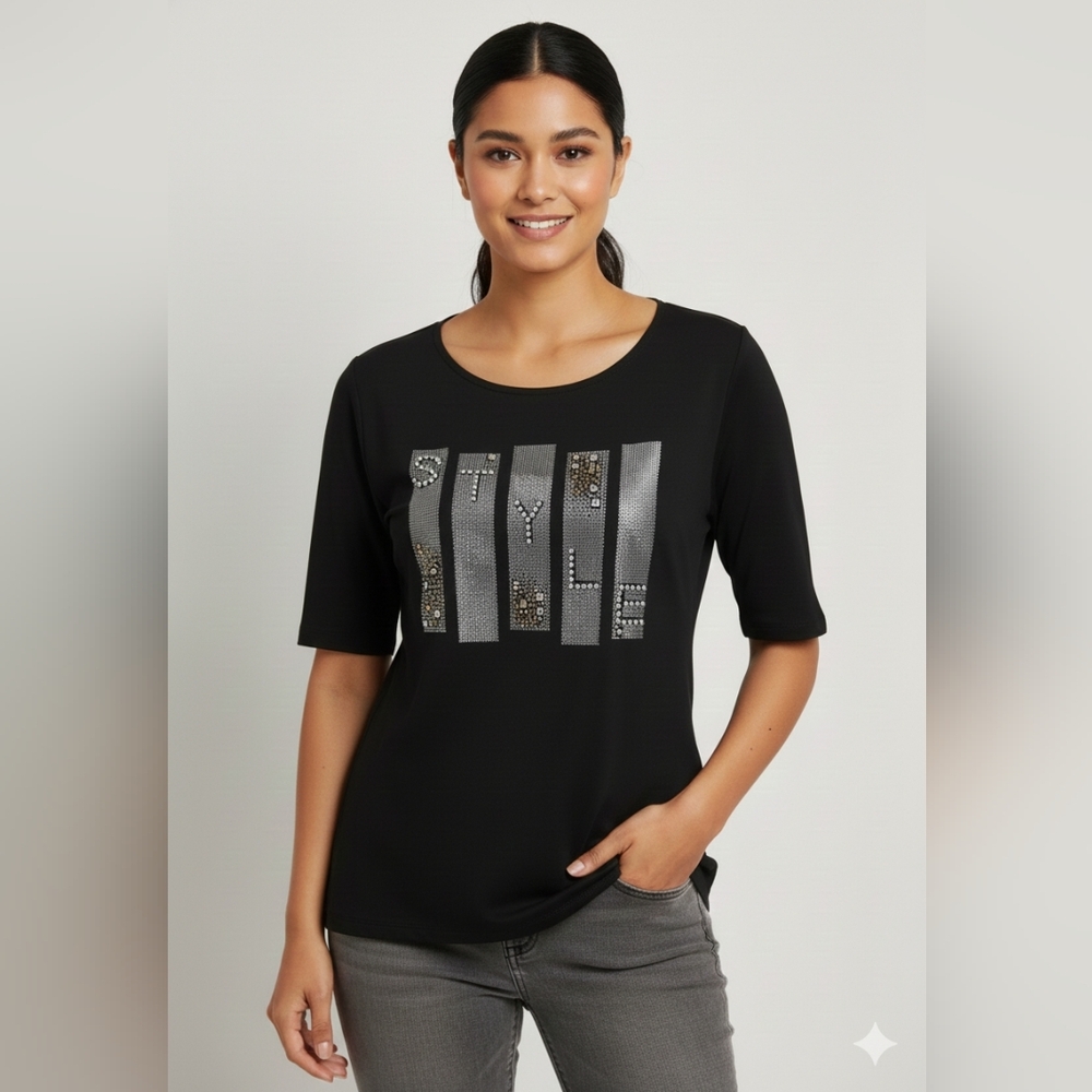 Vecceli Italy Women's Black 'Style' Graphic Scoop Neck 3/4 Sleeve Top Size Small